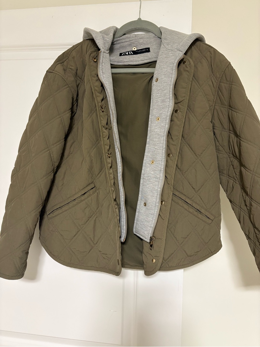Zara Quilted Olive Bomber Jacket with Grey Hooded Liner